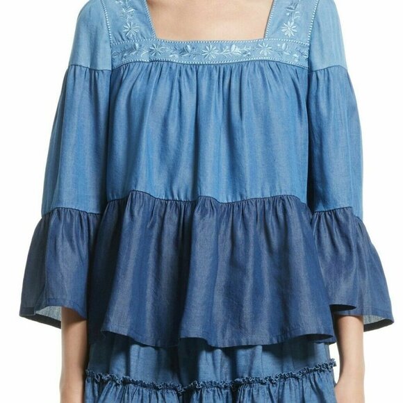 Kate Spade Square Neck Tiered Top Womens Smocked Blue Floral Embroidery Chambray - Picture 8 of 8